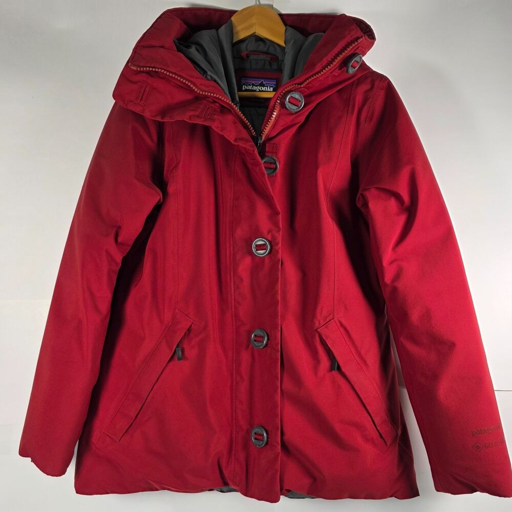 Patagonia Womens Small Frozen Range Down Puffer Jacket Hood Goretex Button Red